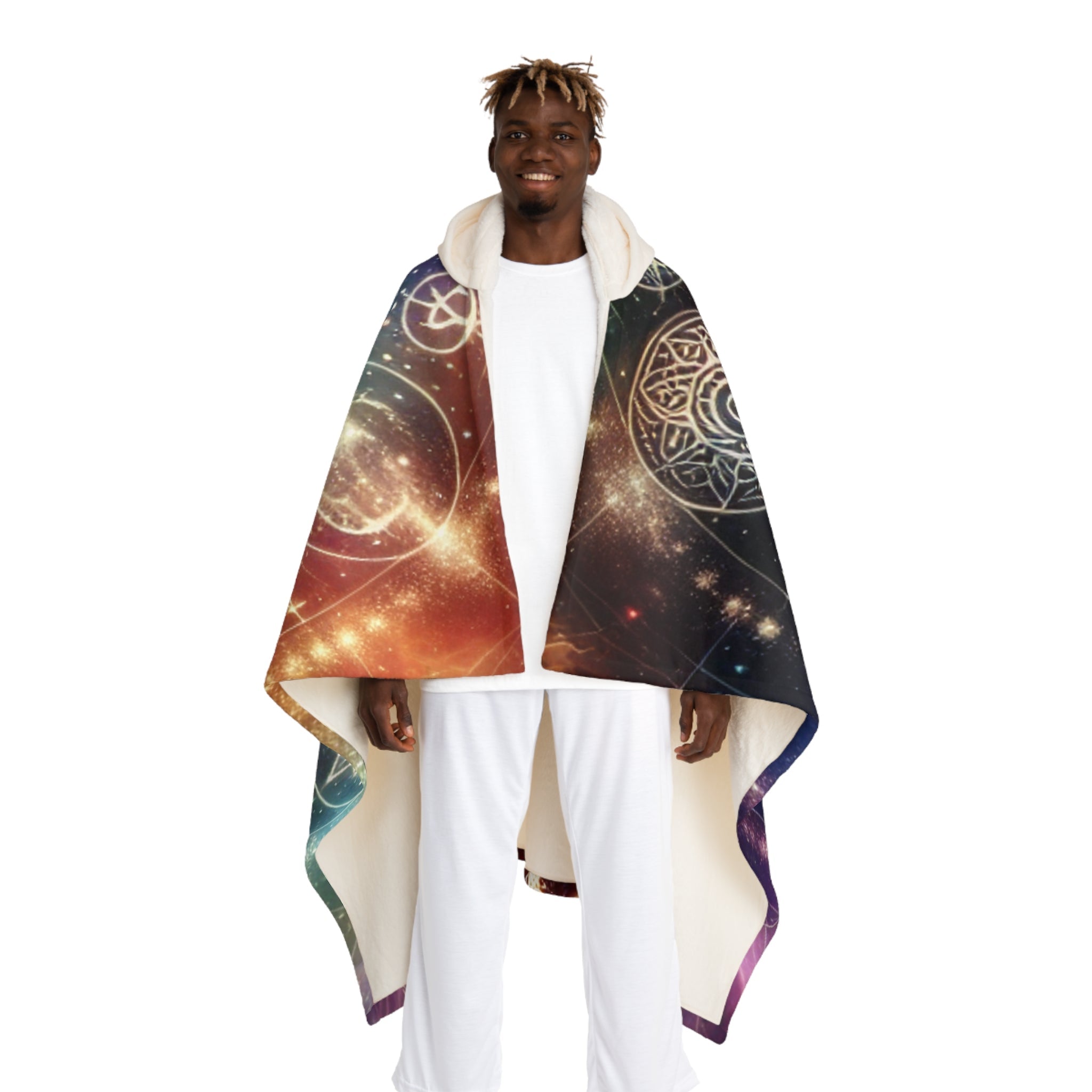 Luxurious Hooded Sherpa Fleece Blanket with Cosmic Design
