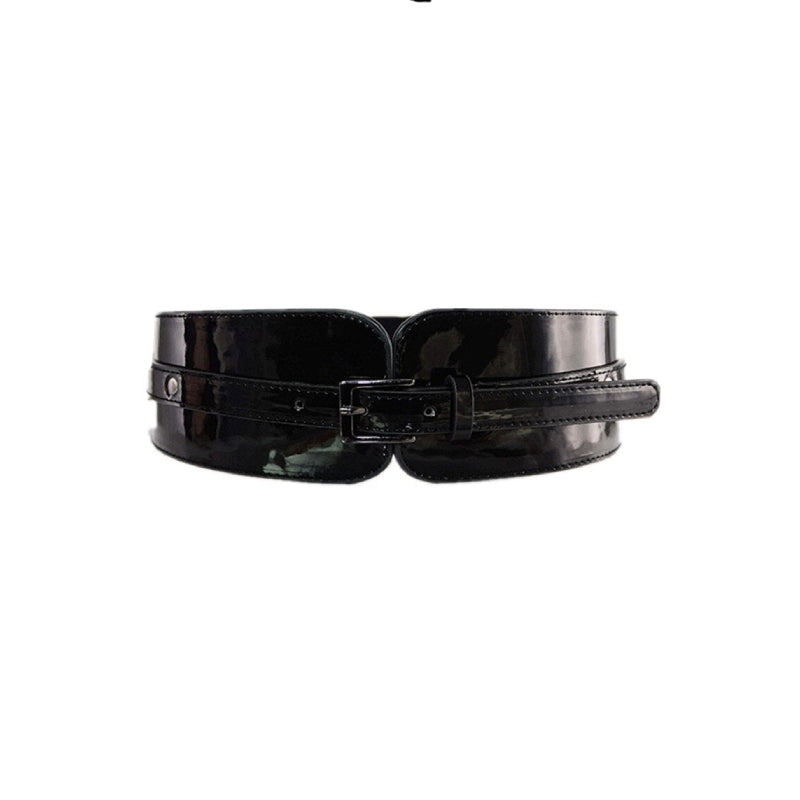 Luxury Patent PU Leather Wide Stretch Belt - Black