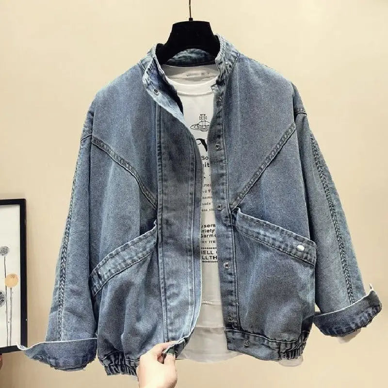 Mandarin Collar Vintage Denim Jacket for Men Blue / S