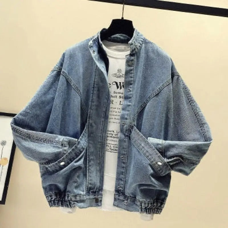 Mandarin Collar Vintage Denim Jacket for Men