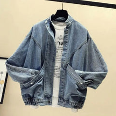 Mandarin Collar Vintage Denim Jacket for Men