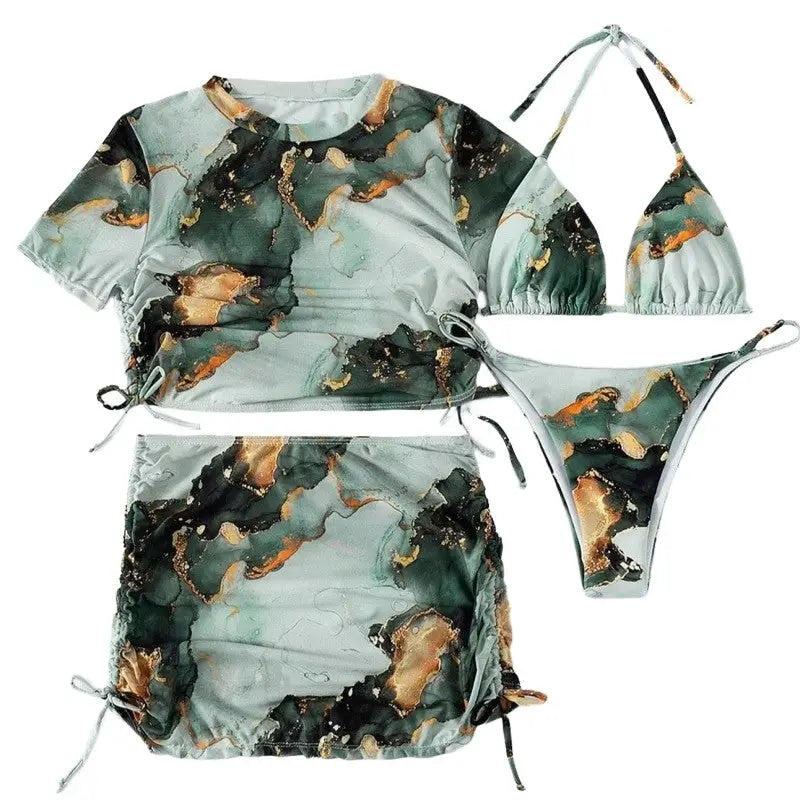 Marble Print 4-Piece Bikini Set Low Waist Swimwear