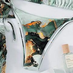 Marble Print 4-Piece Bikini Set Low Waist Swimwear