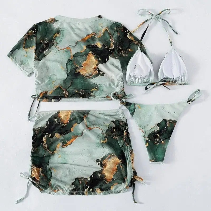 Marble Print 4-Piece Bikini Set Low Waist Swimwear