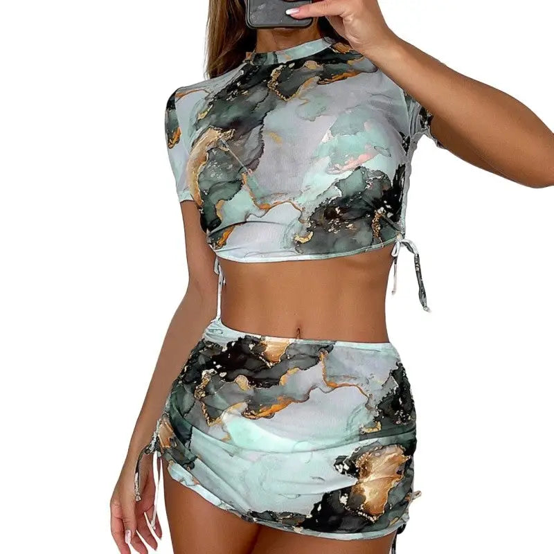 Marble Print 4-Piece Bikini Set Low Waist Swimwear Green / S