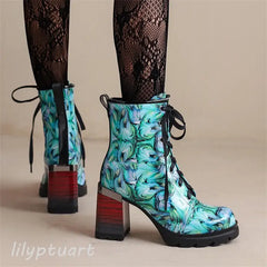 Marble Print Square Heels Ankle Boots Euro Size