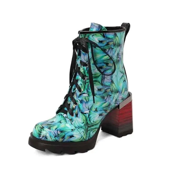 Marble Print Square Heels Ankle Boots Euro Size Green / 34