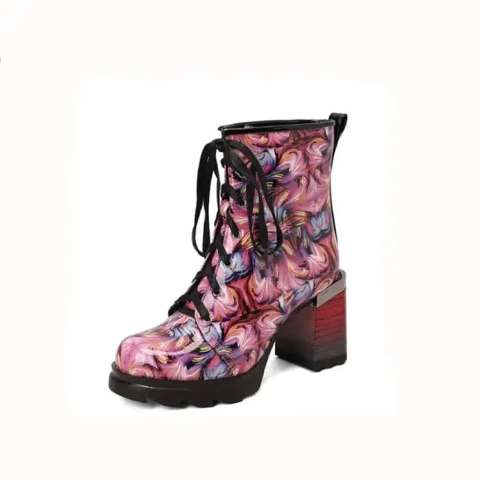 Marble Print Square Heels Ankle Boots Euro Size Pink / 34