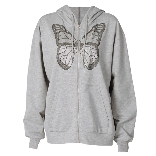 Printed Butterfly Long Sleeves Hoodies - Grey / S