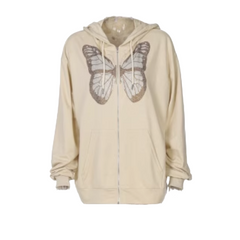 Printed Butterfly Long Sleeves Hoodies - Khaki / L