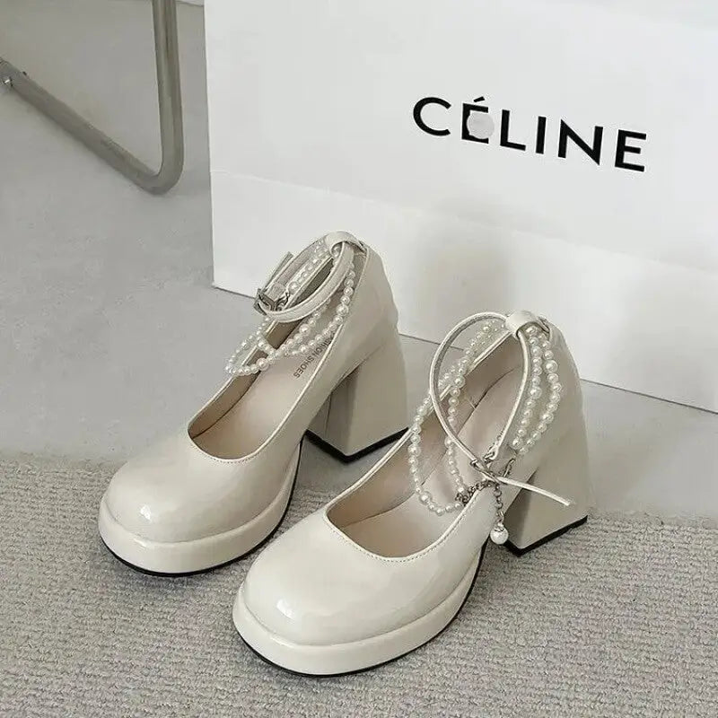 Mary Jane High Heels with Pearl Buckle Strap Beige Pearls