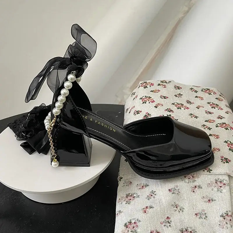 Mary Jane High Heels with Pearl Buckle Strap Black Bow Tie