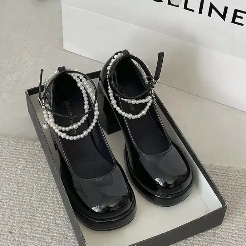 Mary Jane High Heels with Pearl Buckle Strap Black Pearls