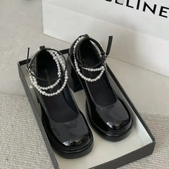 Mary Jane High Heels with Pearl Buckle Strap Black Pearls