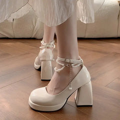 Mary Jane High Heels with Pearl Buckle Strap
