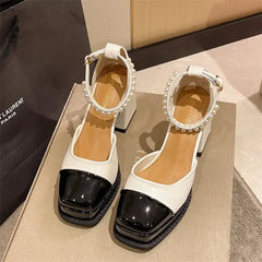 Mary Jane High Heels with Pearl Buckle Strap White / 35