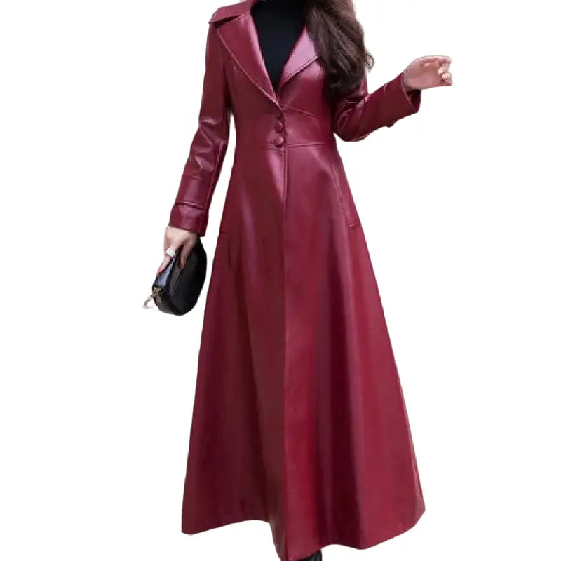 Maxi Fit And Flare PU Leather Trench Coat - Red / S