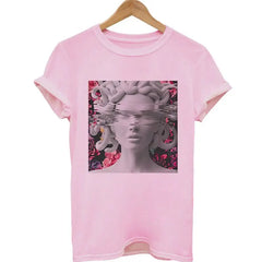 Medusa Sculpture Pink Vaporwave Print T-Shirt - Grey / S