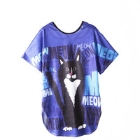 Thumbnail for Meow Black Cat Short Sleeves Tee Dress - Blue / One size -