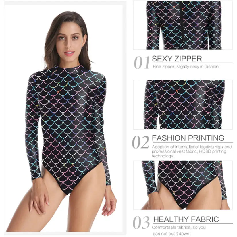 Mermaid Scales One-Piece Long-Sleeve Swimsuit with Zipper