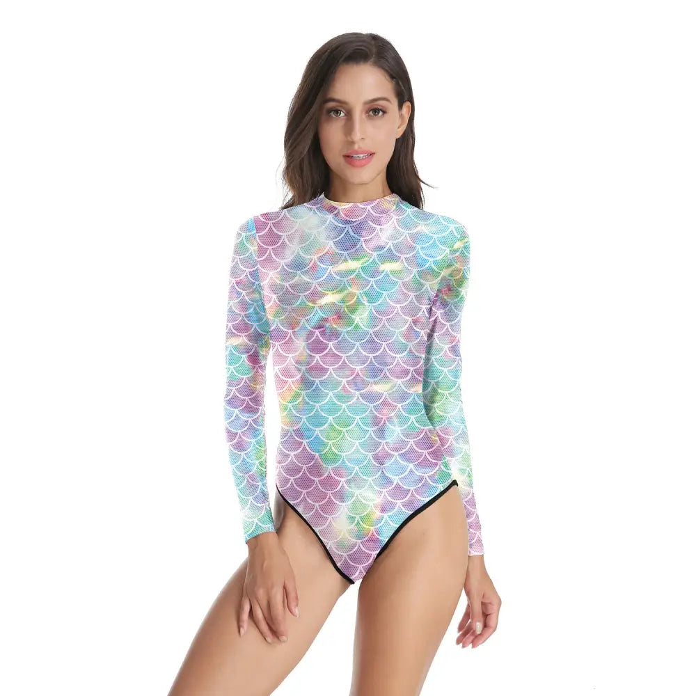 Mermaid Scales One-Piece Long-Sleeve Swimsuit with Zipper
