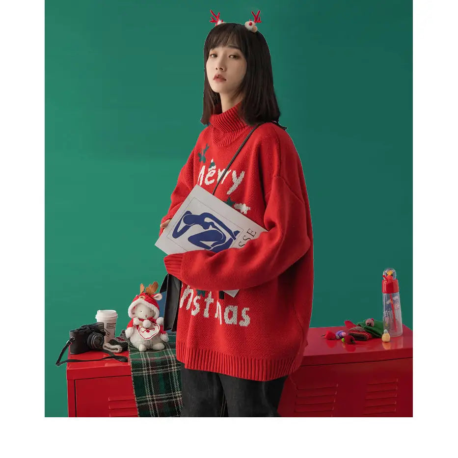 Merry Christmas Turtleneck Oversize Sweater