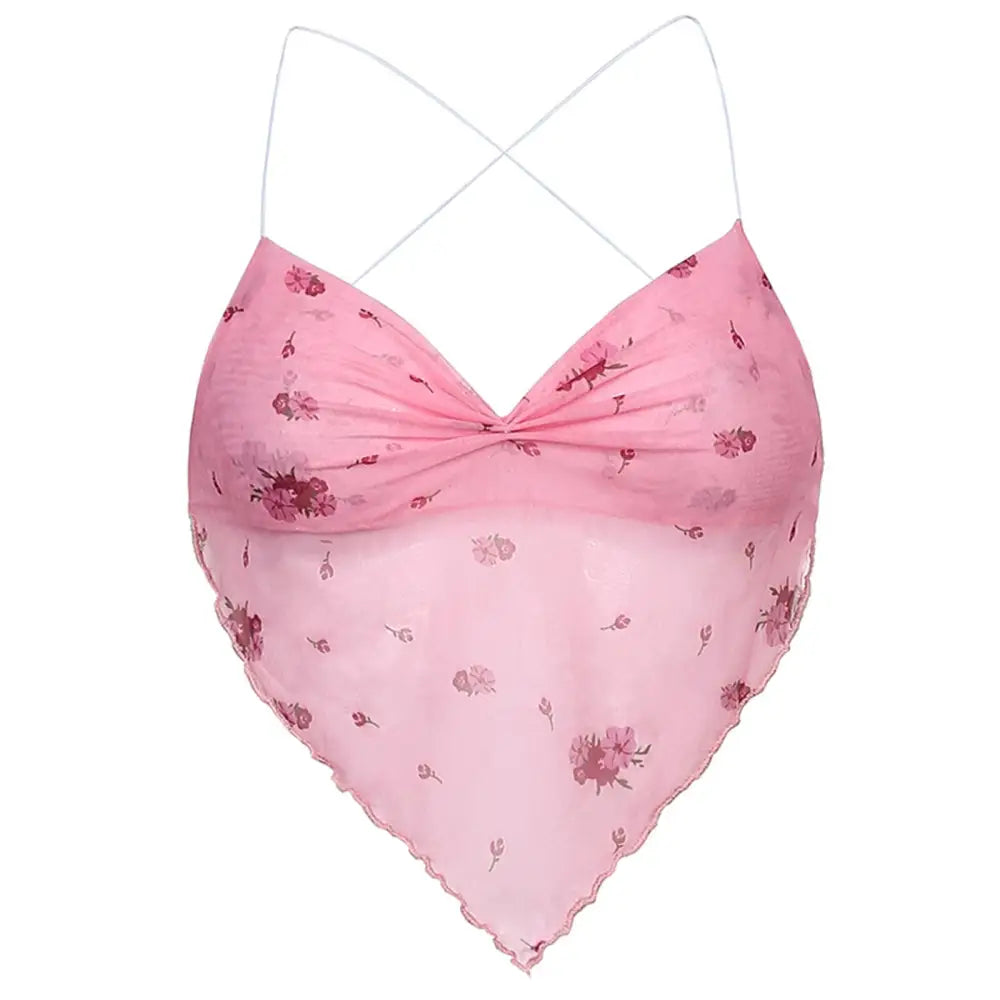 Mesh Crop Top Heart Shape Backless Sleeveless Design Pink
