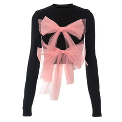 Mesh Long Sleeve Coquette Crop Top Black Pink / S