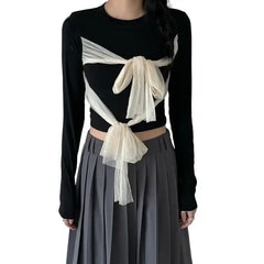 Mesh Long Sleeve Coquette Crop Top Black White / S