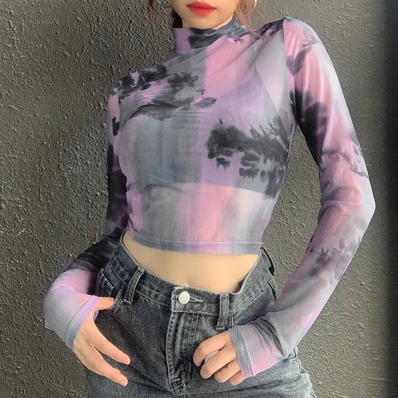 Mesh See Through Turtleneck Crop Top