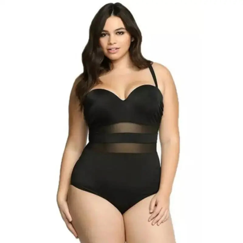 Mesh Sheer Plus Size Black and White One Piece Swimsuit