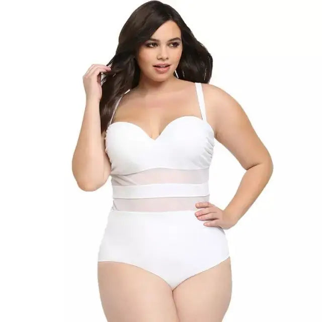 Mesh Sheer Plus Size Black and White One Piece Swimsuit / XL