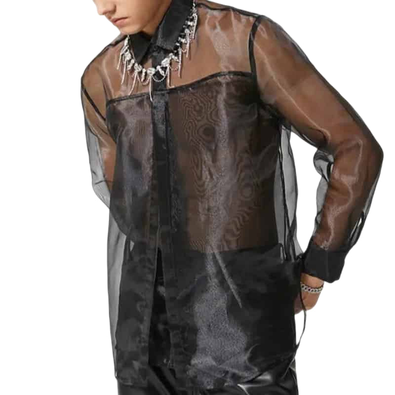 Mesh Transparent Lapel Long Sleeve Shirt