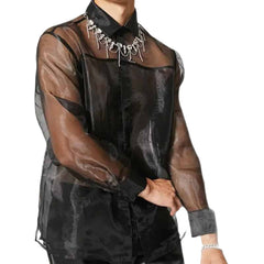 Mesh Transparent Lapel Long Sleeve Shirt