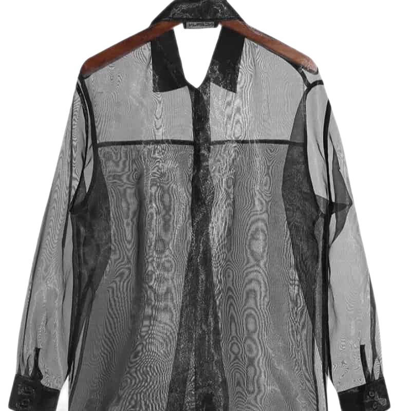 Mesh Transparent Lapel Long Sleeve Shirt