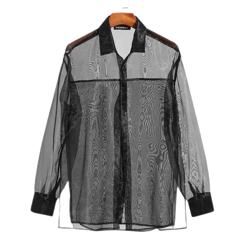 Mesh Transparent Lapel Long Sleeve Shirt