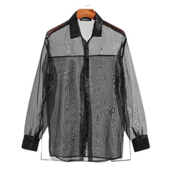 Mesh Transparent Lapel Long Sleeve Shirt