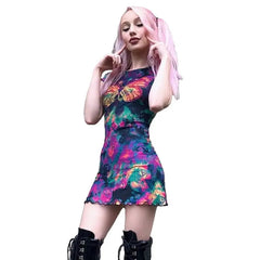 Mesh Transparent Mini Dress Butterfly Print O Neck Short