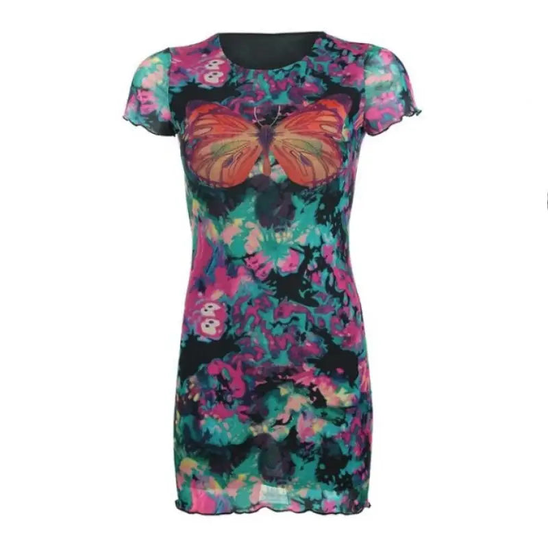 Mesh Transparent Mini Dress Butterfly Print O Neck Short