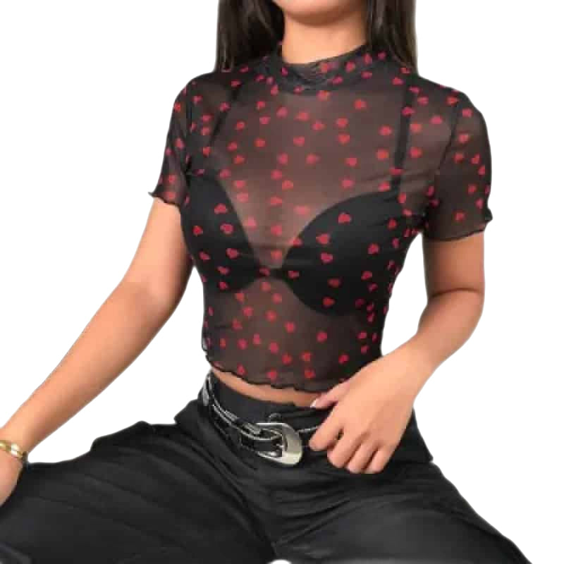 Mesh Turtle Neck Blouse with Heart Lettuce Trim Black / S