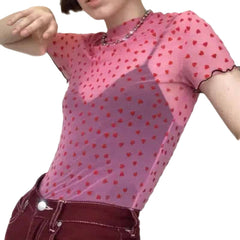 Mesh Turtle Neck Blouse with Heart Lettuce Trim Pink / S