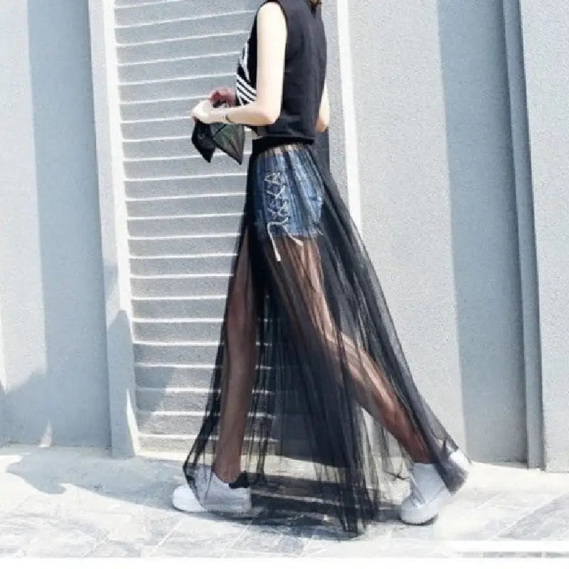 Mesh Voile Low Waist Long Lace Skirt