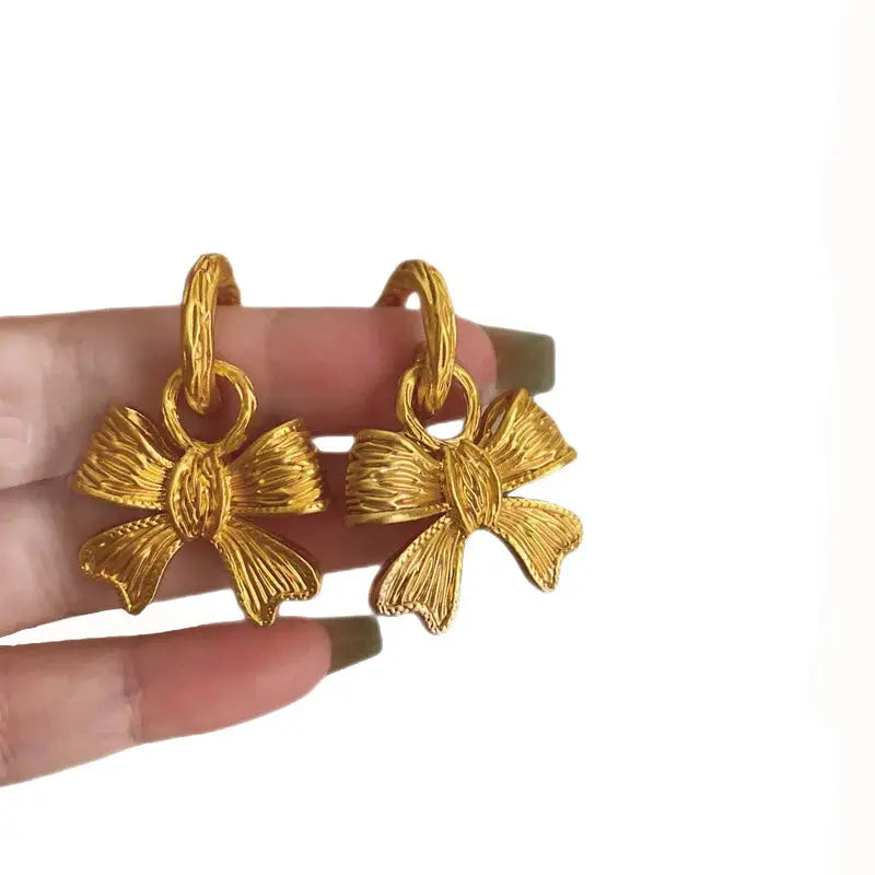 Metal Bow Tie Earrings and Ring Set Gold