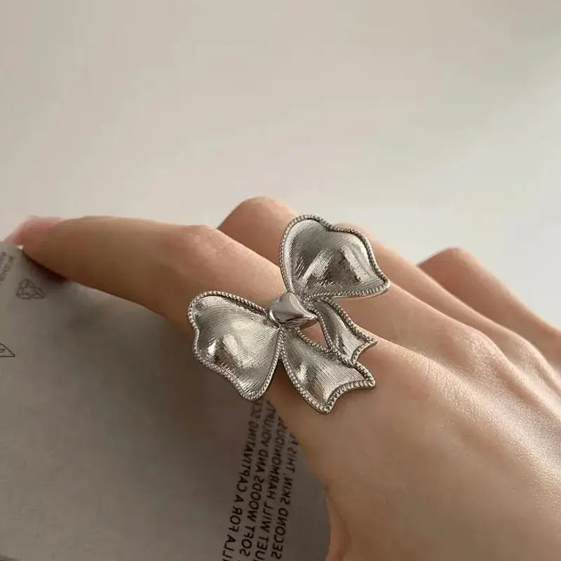 Metal Bow Tie Earrings and Ring Set Silver