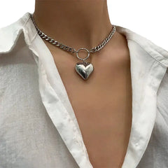 Metal Chain Style Choker Necklace with Heart Pendant