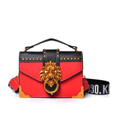 Metal Lion Head PU Leather Crossbody Bag - Red / One Size