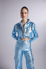 Metallic Blue Glossy Millen Cropped Jacket / XS / Cotton