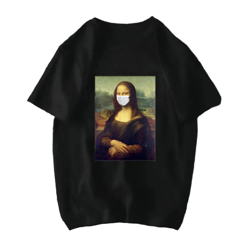Michelangelo David Mona Lisa Mask Printed T Shirt Black / S