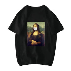 Michelangelo David Mona Lisa Mask Printed T Shirt Black / S