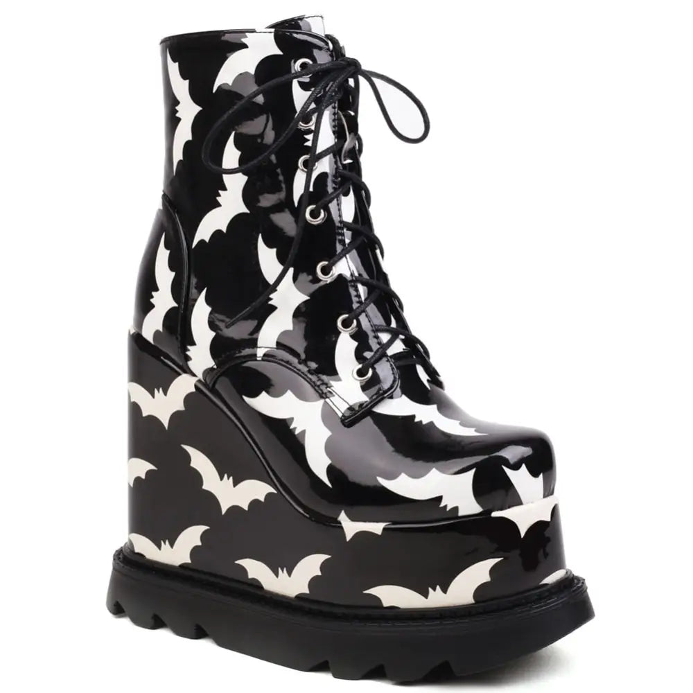 Microfiber Gothic Platform Ankle Booties Black/Bat / 6